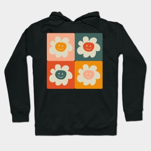 Positive checkered pattern with smiley retro hippie flowers Hoodie
